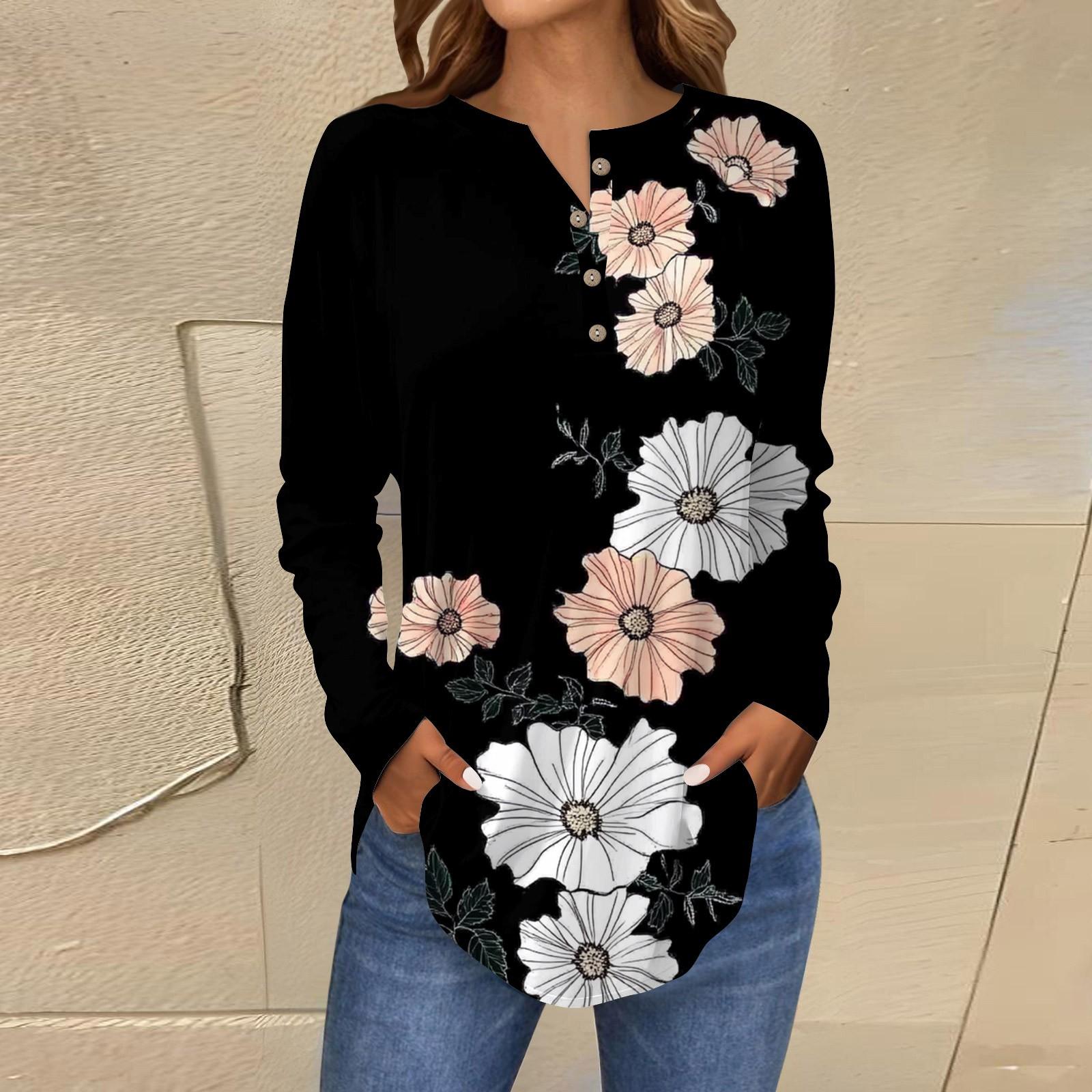 

Модная свободная футболка с длинным рукавом и цветочным принтом на пуговицах, топ-пуловер XL белый