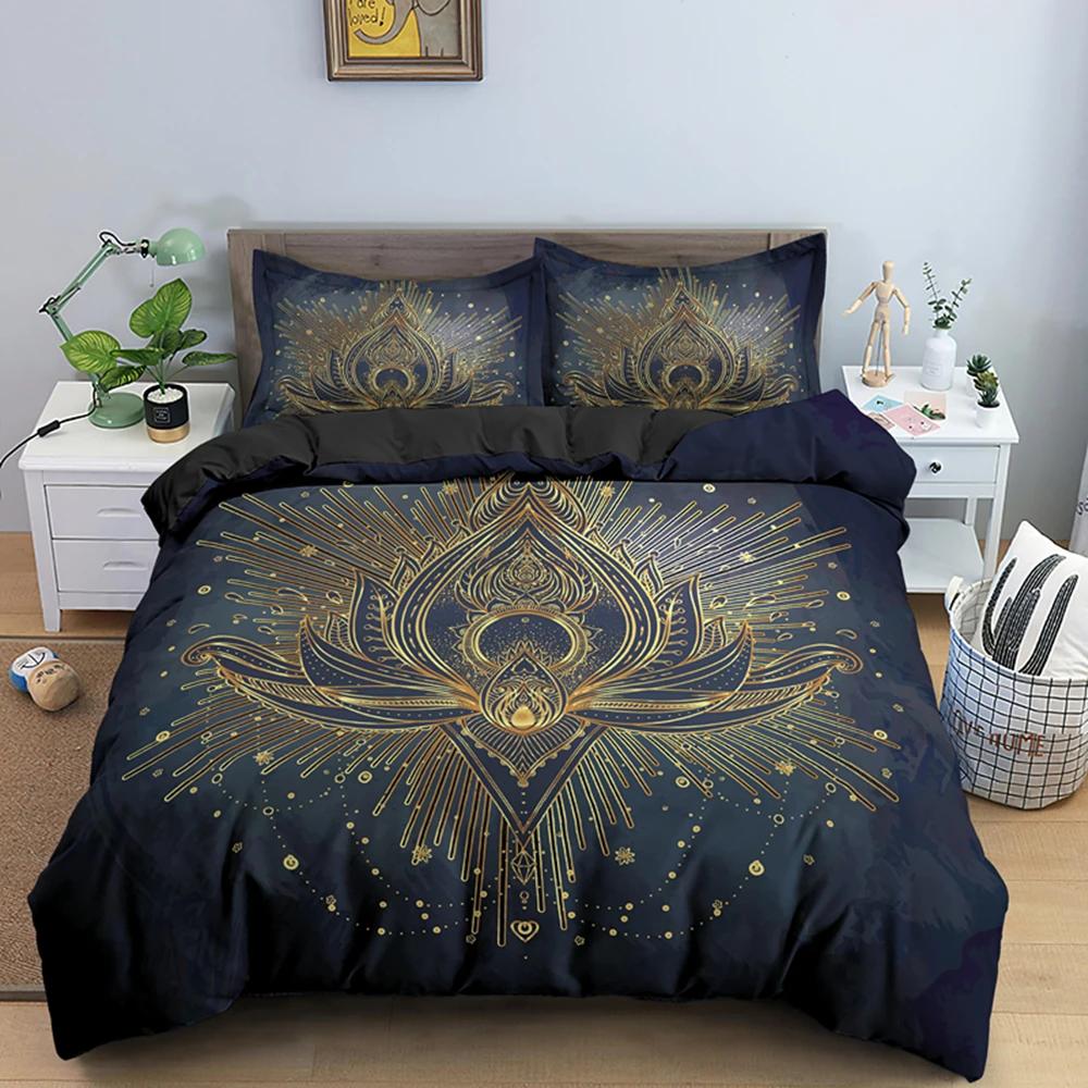 2/3dílná Sada na postel Bohemian Lotus Sada povlaku na přikrývku Mandala Květinový povlak na přikrývku Pro dospělé Černá Polyesterová sada ložního prádla Queen King Twin Pro teenagery