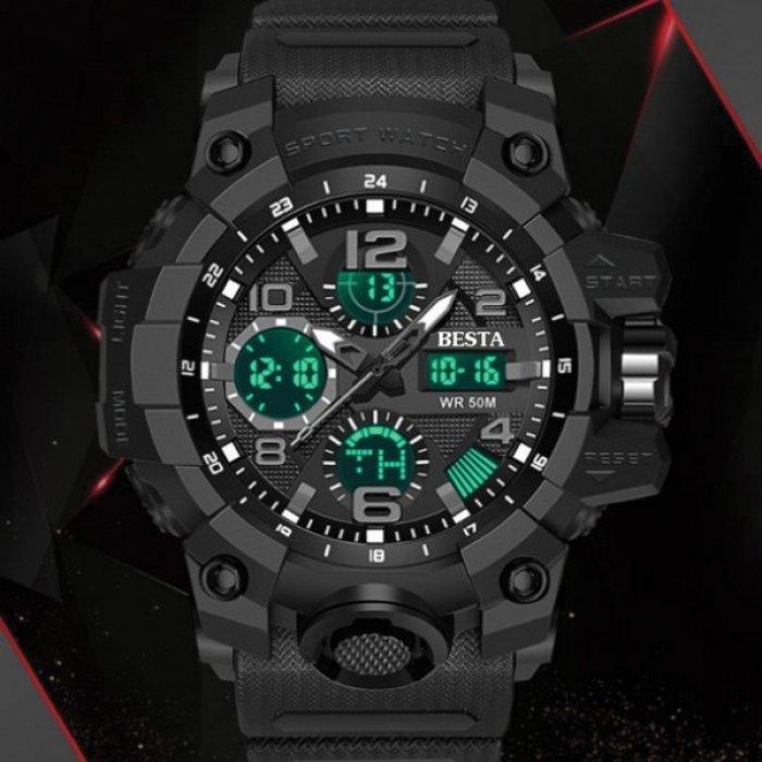 Men's Sports Tactical Watch Besta Power Black with Stopwatch and Alarm Clock