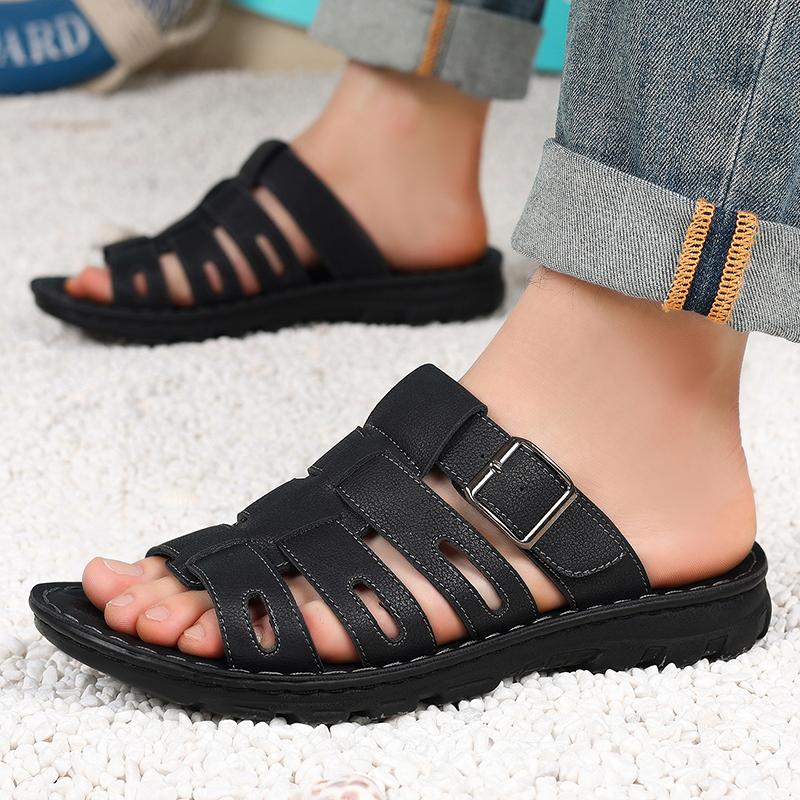 

Men Black Leather Slippers Flats Summer Brown Outdoor Sandals Outdoor White Beach Shoes Over Sized 46 47 48 EU:45 чёрный