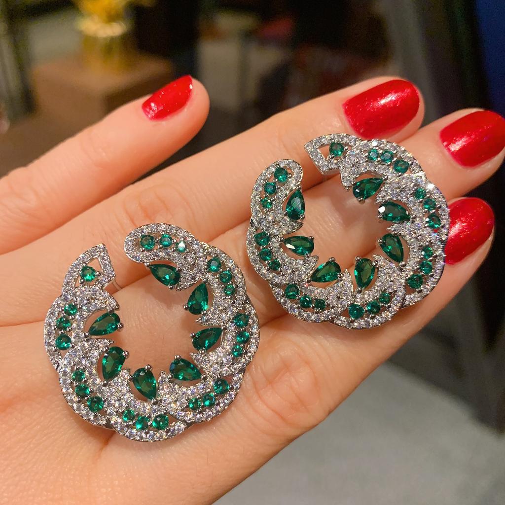 Jewelry Temperament Women'S Earrings Style Emerald Red Treasure Exaggerated Large Stud Earrings Earrings Full Of Diamonds