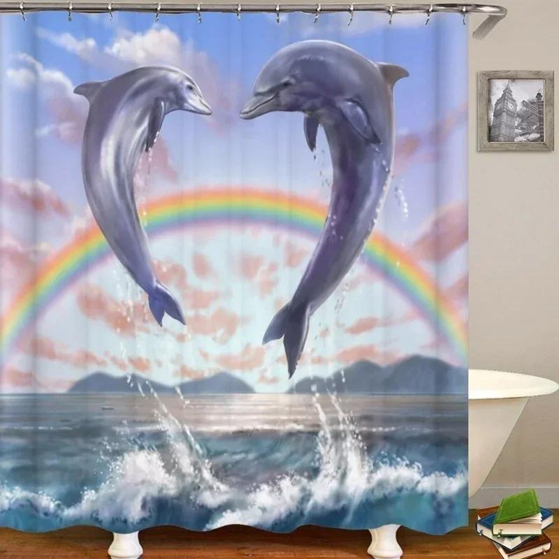 Dolphin Shower Curtain Sea Theme Shower Curtain Hook Washable Dolphin Waterproof 3D Animals Shower Curtain for Bathroom Decor
