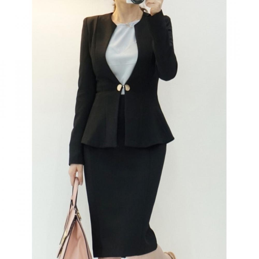 Style Latte Office Look Gold Button Peplum No Collar Jacket