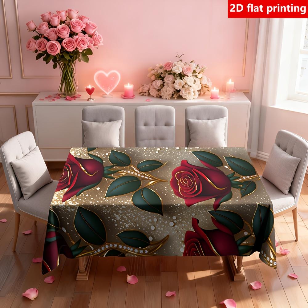 Luxurious Gold Design Red Rose Pattern 2D Flat Print Tablecloth Single Piece