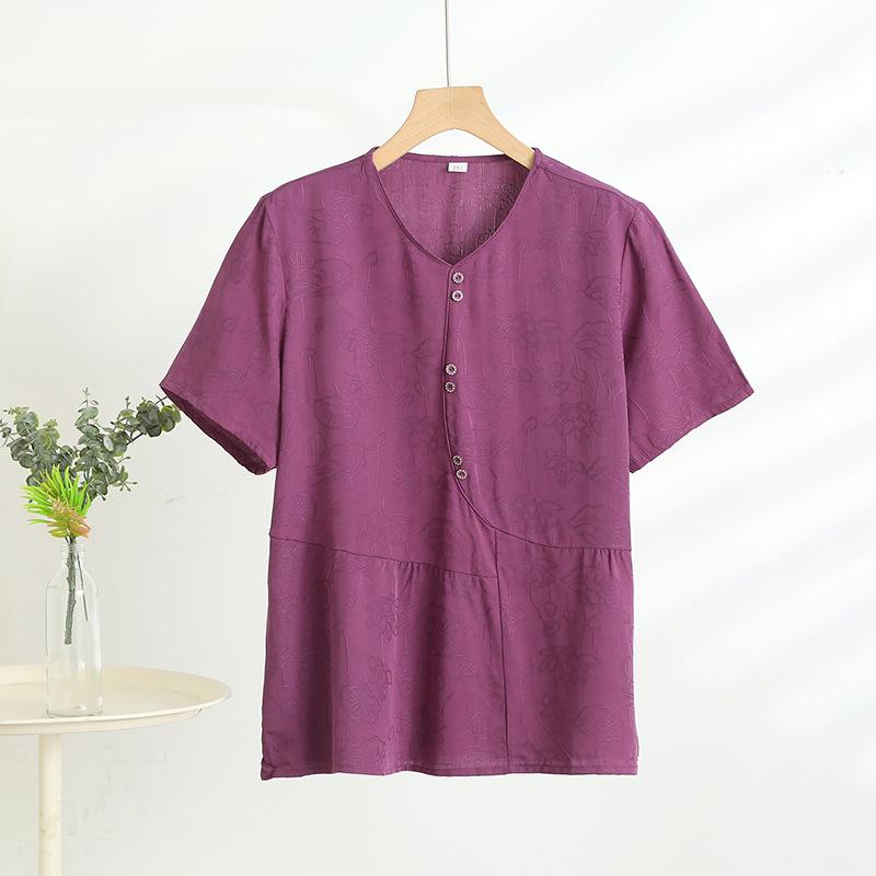 

Women s Loose V-Neck Jacquard Short Sleeve Casual Top for Summer - Fashionable for Middle-Aged and Elderly 3XL (90-125 jin) фиолетовый