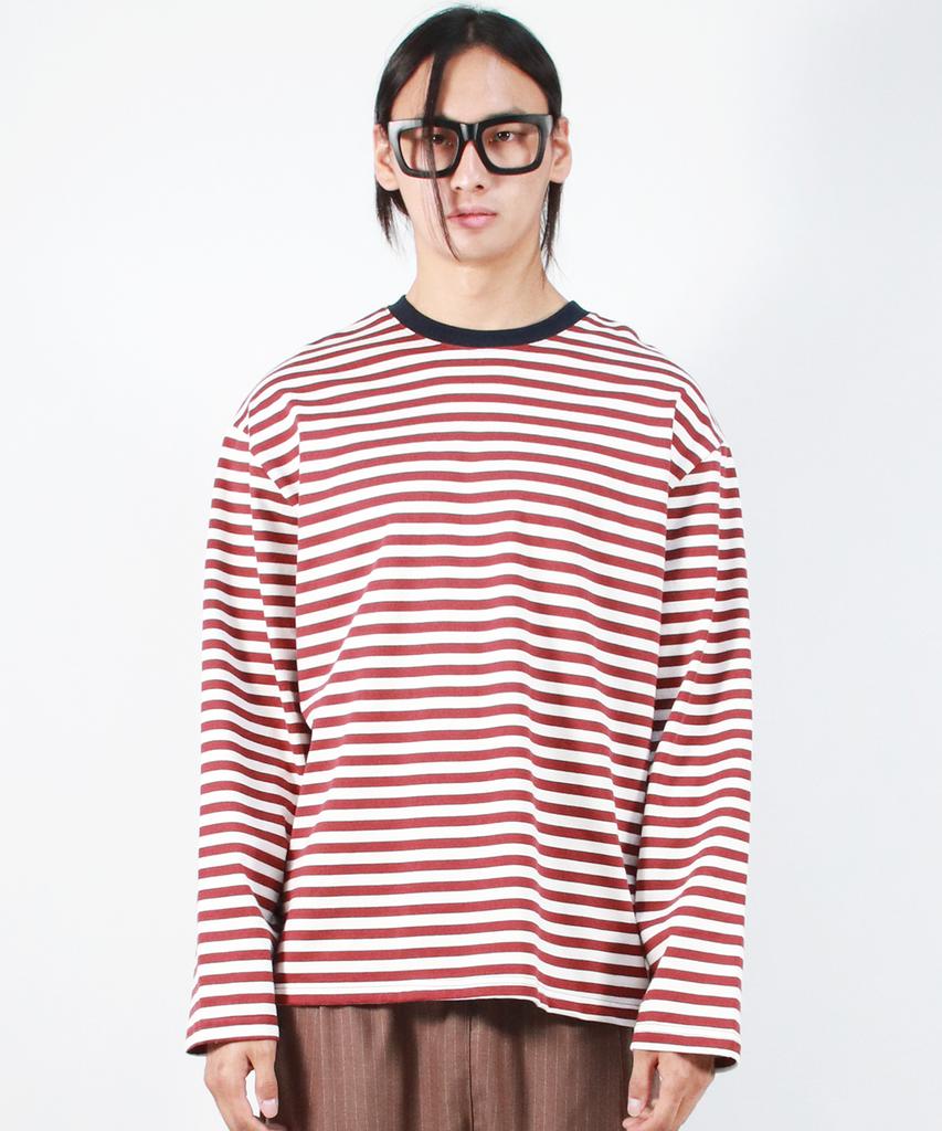 Deumakeu M Stripe Loose-Fit Long Sleeve Tee - Burgundy