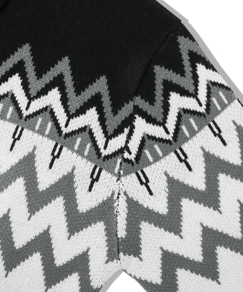 TRILLION Washable Nordic Jacquard Collar Neck 2-Way Zip-Up Knit [Black]