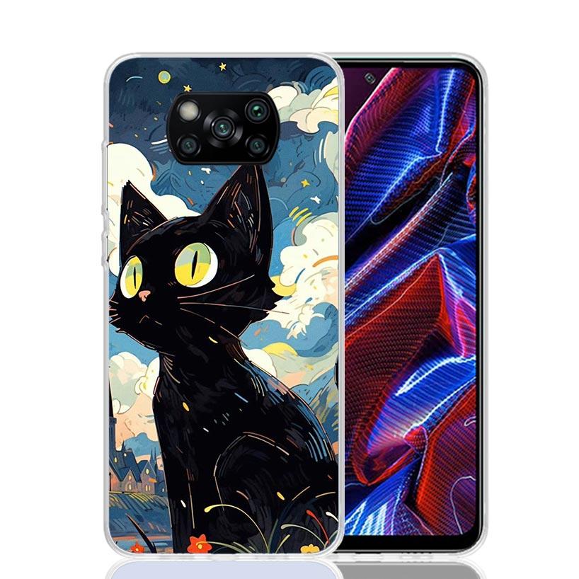 

Аниме Милый Черный Кот Мяу Чехол Для Телефона Для Xiaomi Poco X7 X6 X5 Pro F7 Ultra Redmi 15C 15 13 13C 12 12C 10 10A 10C 9 9A 9C 9T Обложка Redmi 12C
