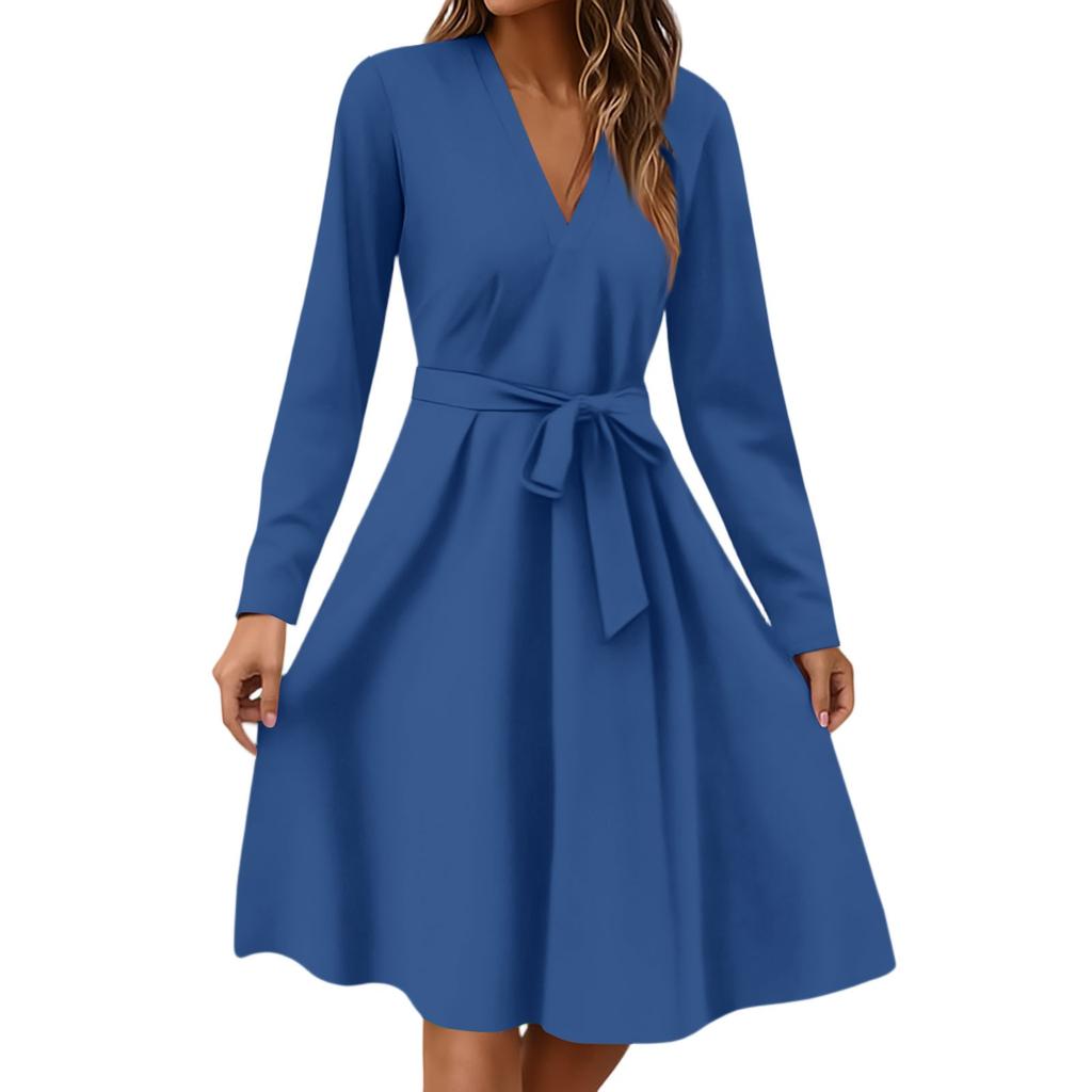 Women's Fashion Casual V-Neck Long Sleeve Waist Floral Print Midi Dress