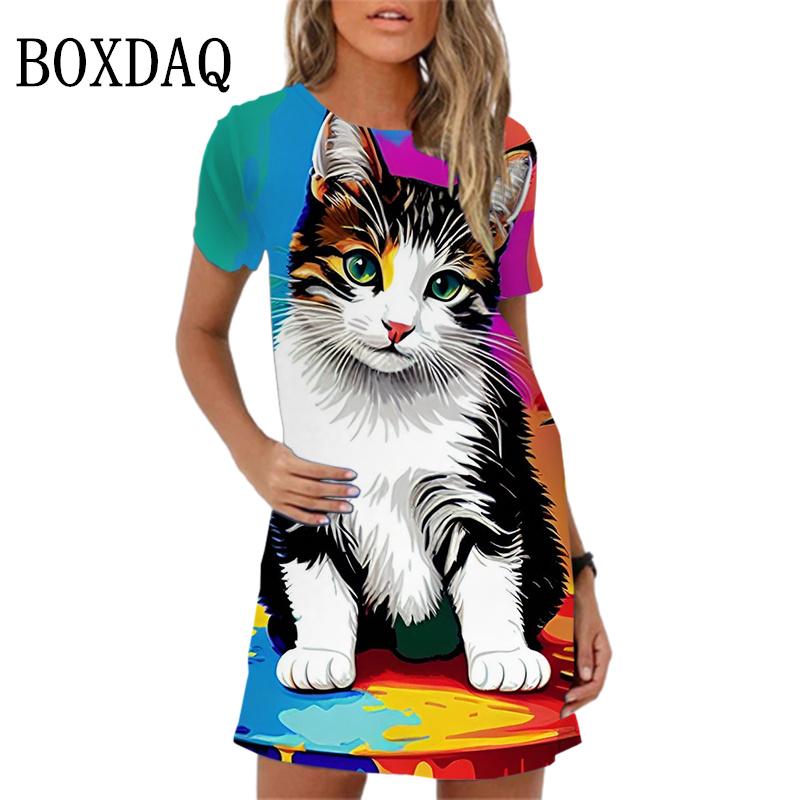 Short-sleeved women's mini dress with a collar opening design, featuring a classic cartoon cat pattern, trendy summer casual women's wear