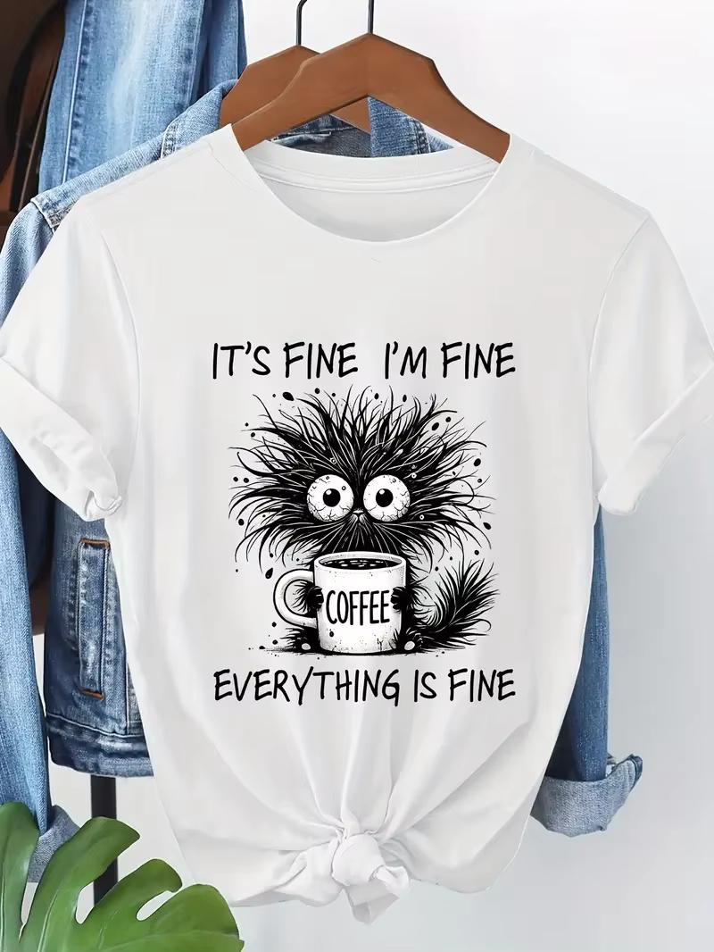 

2026 Summer Unique Cat and Coffee Pattern Printed Womens Tshirt Comfortable and Casual Cotton Streetwear S