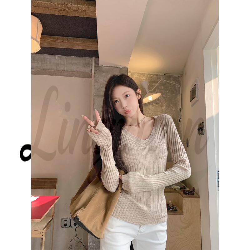 Spring Korean Style Slim-Fit Ribbed V-Neck Fleece Knitwear Long Sleeve Top One Size