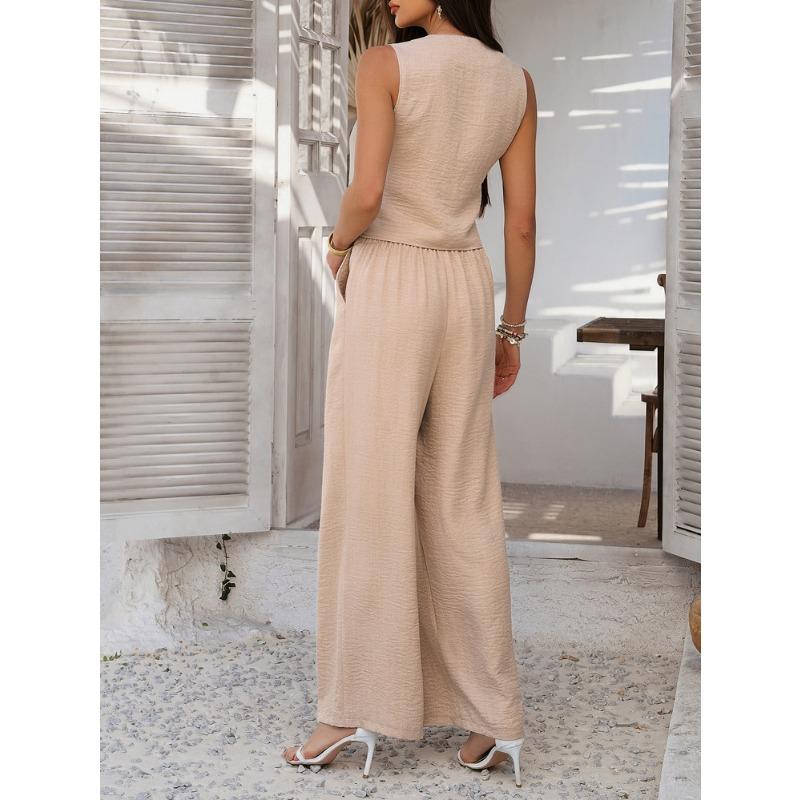 Casual Vacation Solid Color Vest Wide-leg Trousers Set