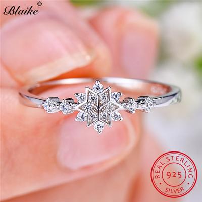 Minimalist S925 Sterling Silver Rings For Women Small Crystal Flower Ring Stacking Zircon Thin Ring Snowflake Wedding Bands