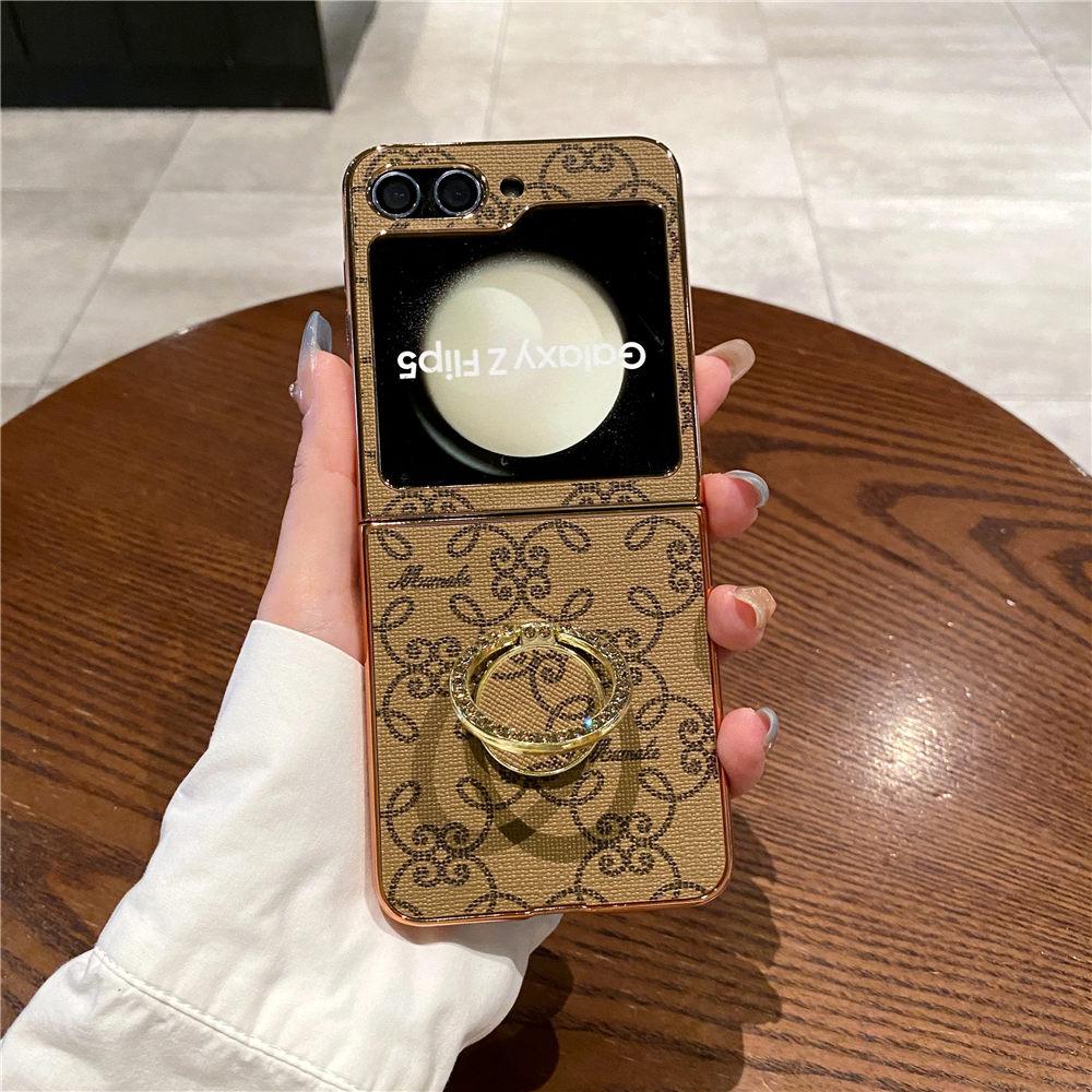 Electroplating PU Leather Ring Stand Case For Samsung Galaxy Z Flip 6 Flip 5 Flip 4 3 Flower Protective Cover Funda