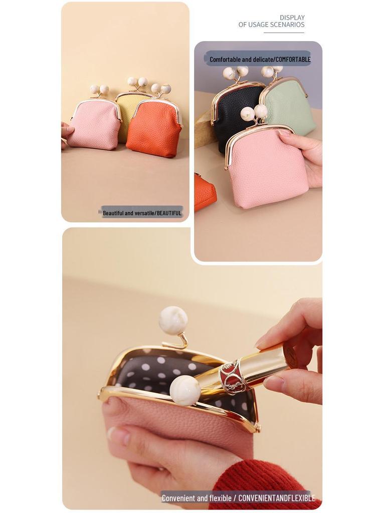 Women's Genuine Leather Litchi Grain Mini Coin Purse & Lipstick Clasp Bag
