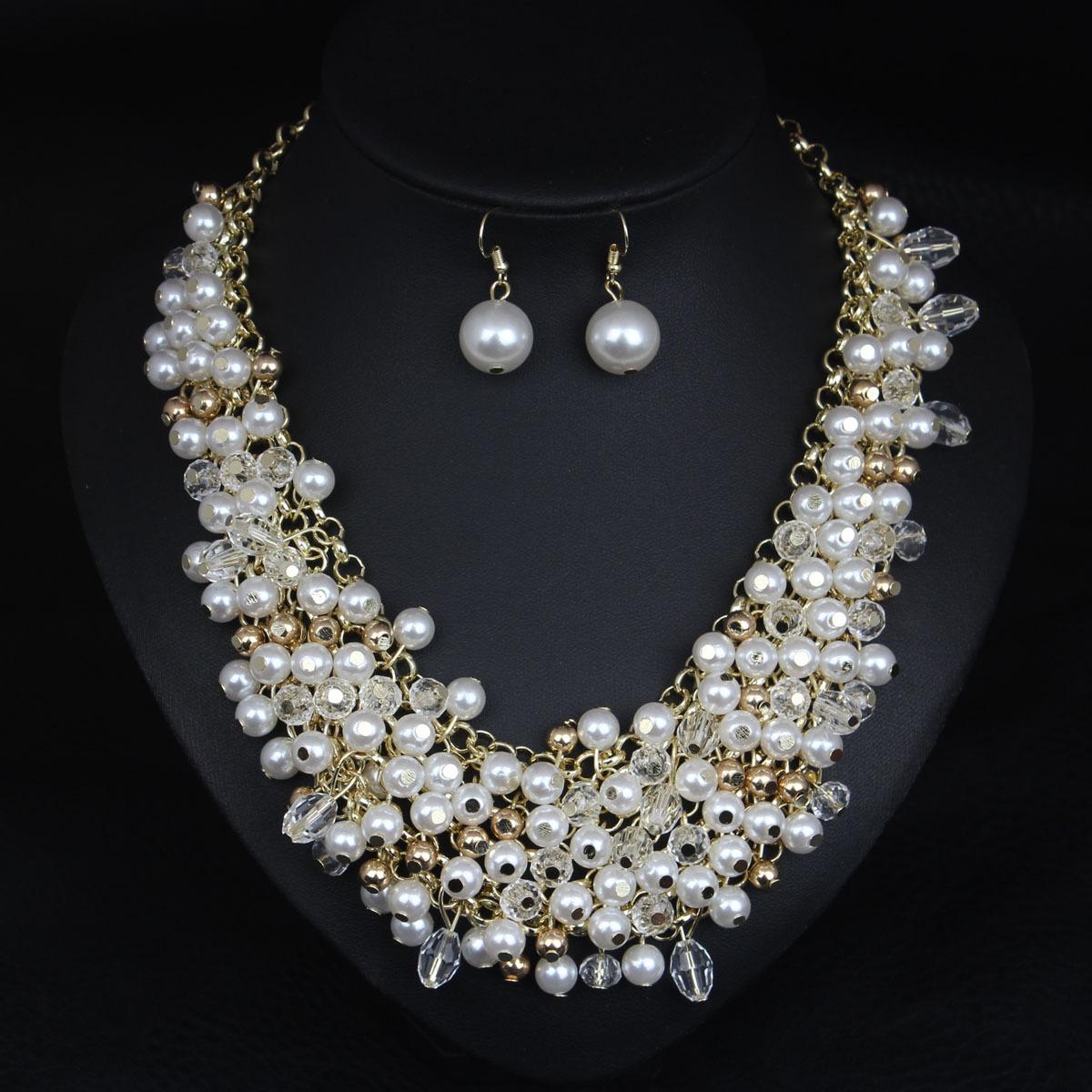 

2026 Европейский и Американский Стиль Жемчуг Стразы Комплект Серьги с Ожерельем Многослойная Цепочка на Ключицы Женские Модные Аксессуары 45CM