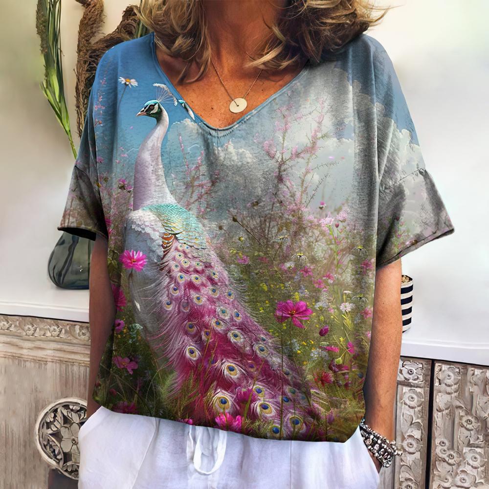 

Новая винтажная женская футболка с мультяшным принтом павлина плюс размер, женская трендовая одежда, модная рубашка с коротким рукавом, женская блузка с v-образным вырезом 6XL