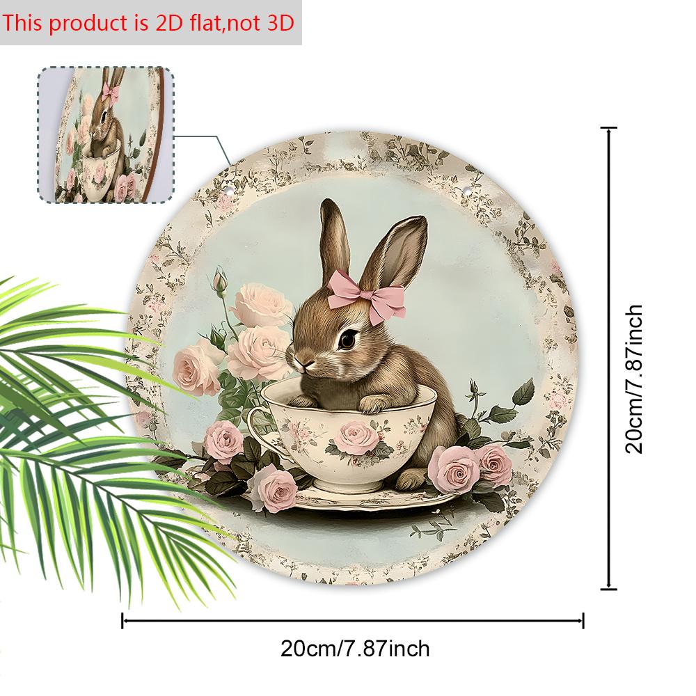 Vintage Teacup Bunny Wooden Sign, Charming Round Sign for Front Door, Wall Hanging Decor - Ideal Easter & Shabby Chic Gift for Home