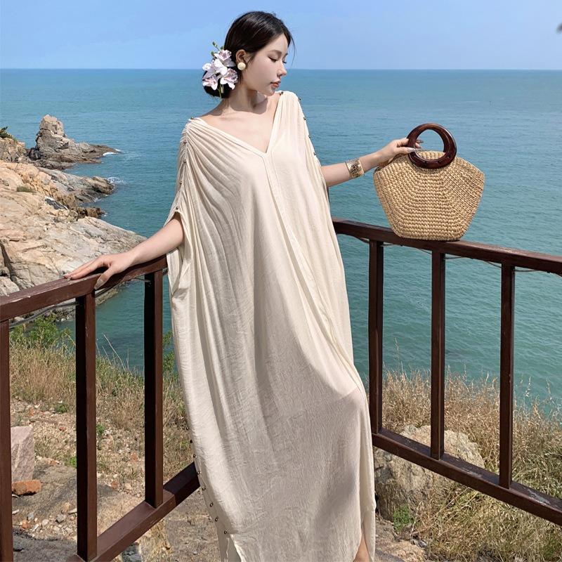White Texture Pleated Collar Dress Women's Summer French Lazy Vacation Casual Loose and Thin Long Dress
