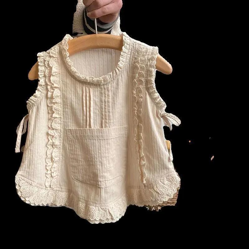 Costum de vară casual cu secțiune subțire pentru fete, copii mici și mijlocii, broderie, bordură din dantelă, vestă + pantaloni largi cu picior larg, set din două piese