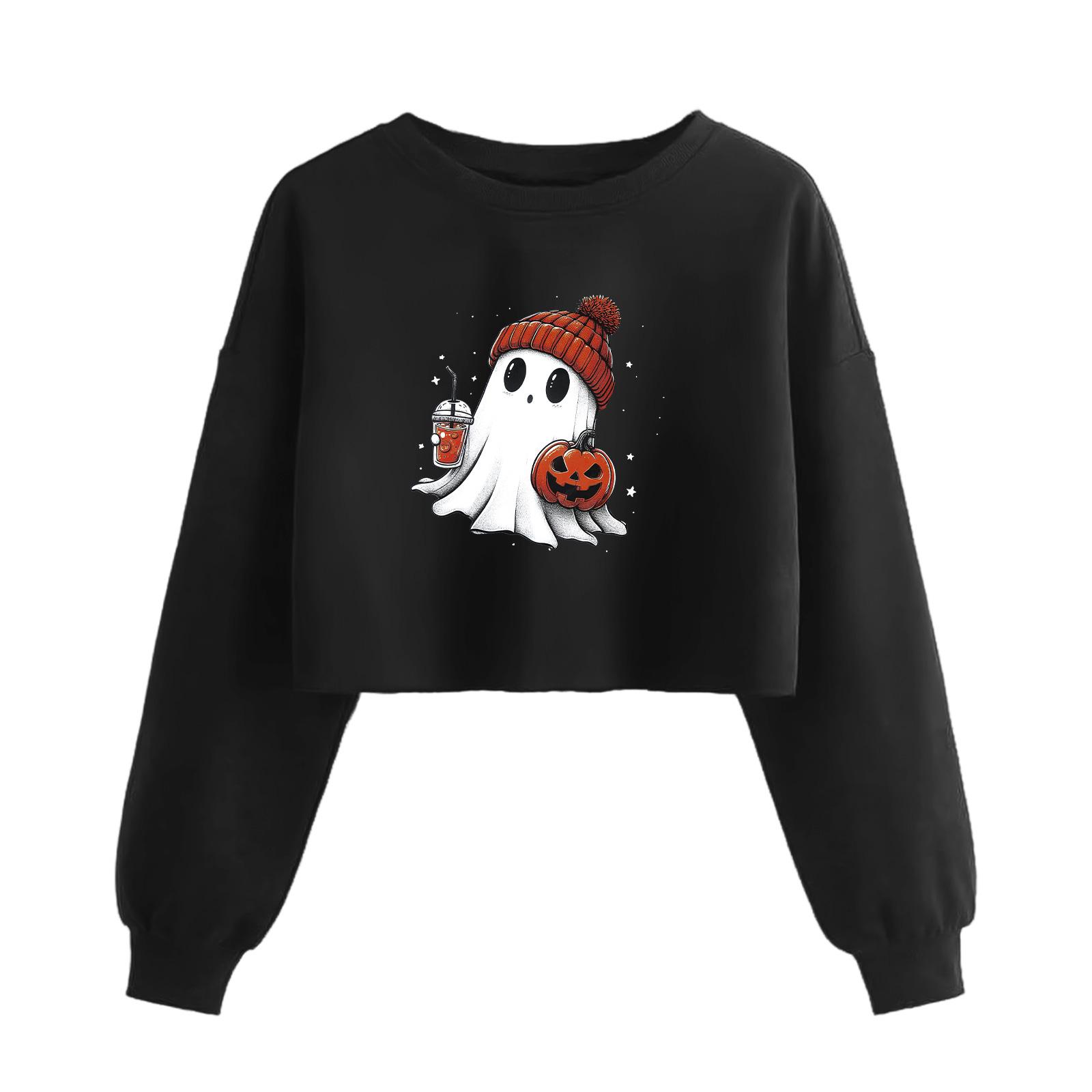 

Женский модный пуловер с длинным рукавом и принтом на Хэллоуин, открывающий живот XXL