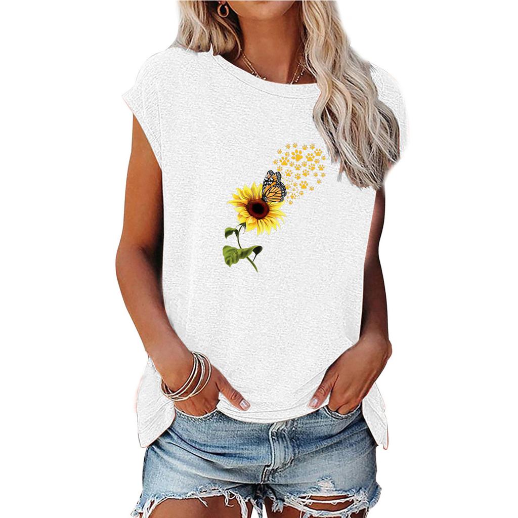 Dámská letní móda pro volný čas Rostlina Květiny Potisk s výstřihem do O Krátké rukávy Volné tričko Top