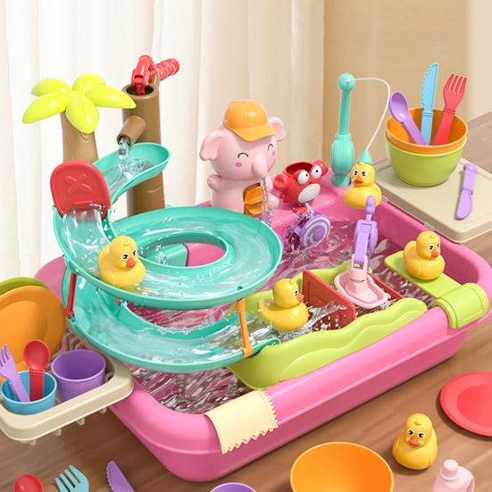 Jouets Lave-vaisselle pour Enfants et Tout-petits Jouet Évier de Cuisine avec Piste Toboggan à Eau Jeu de Pêche Magnétique Lave-vaisselle pour Jeu d'Imitation