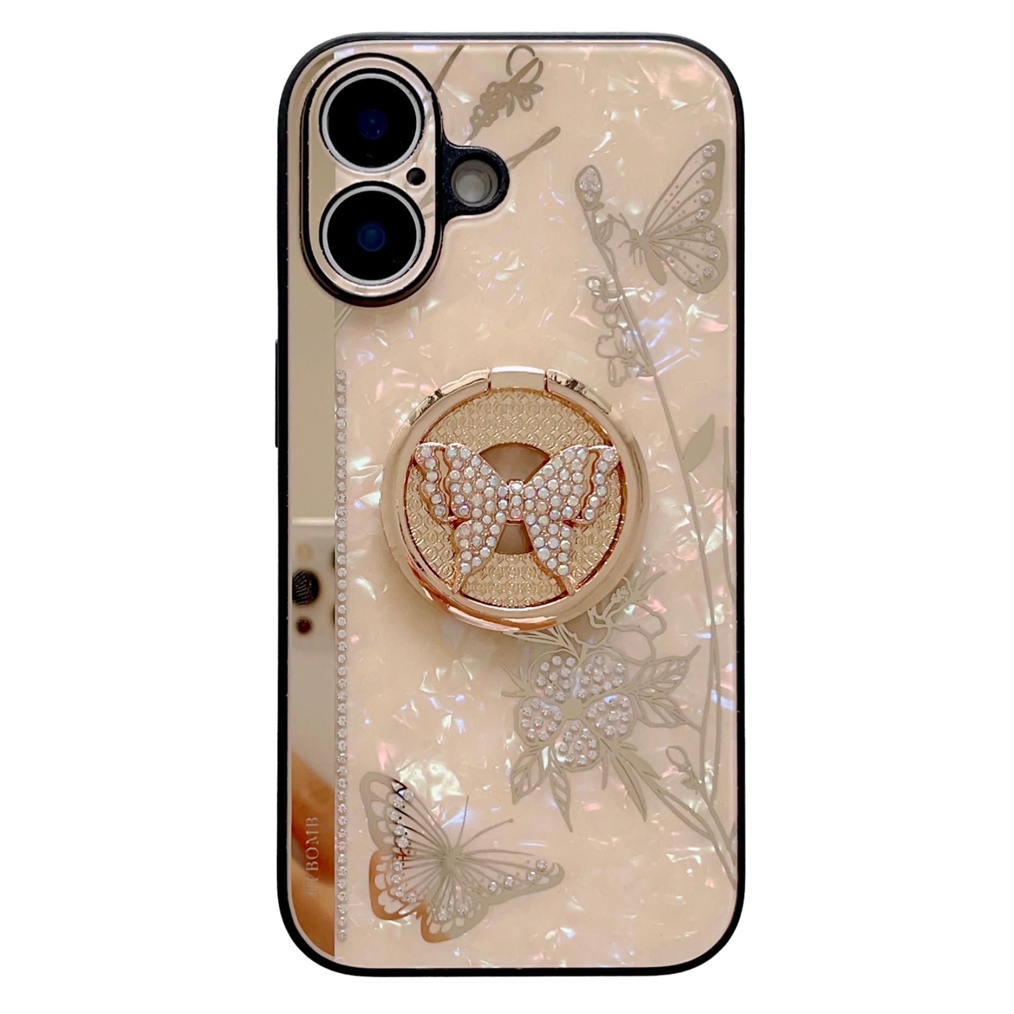 

For iPhone 16 Case Rhinestones Decor Kickstand TPU+PC Butterfly Floral Phone Cover - White