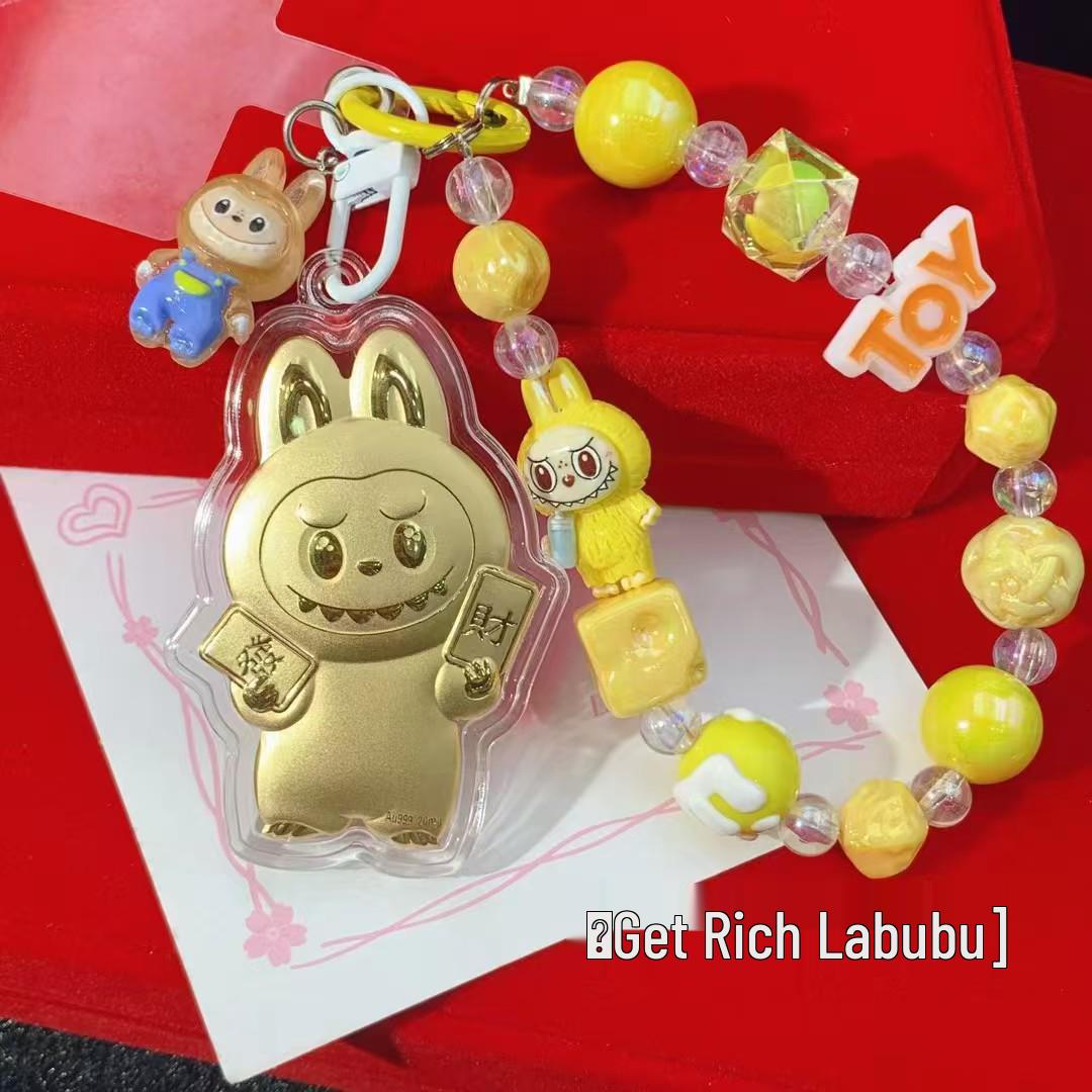 999 Pure Gold Wealth & Luck Labubu Charm Keychain Pendant Pink String