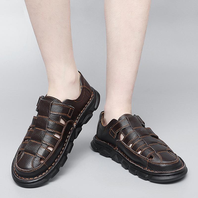 2024 Fashion Shoes Men's Summer New Retro Leather Non-slip Beach Slip-on Sandals Travel Flip-flops Slippers Black Brown