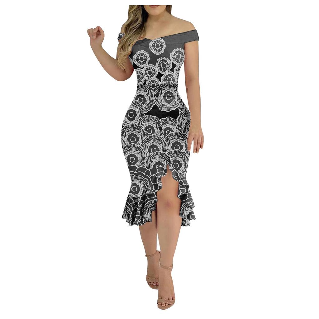 Women's Casual Party Dresses Flower Print Irregular Hem One Shoulder Sexy Backless Mermaid Dress