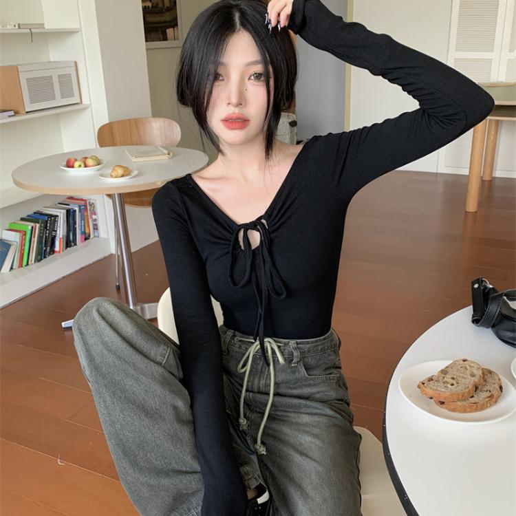 VAYLA Korean Sexy T Shirt Women Vintage Streetwear Solid Bandage Top Harajuku Fairycore Shirts Long Sleeve Tees