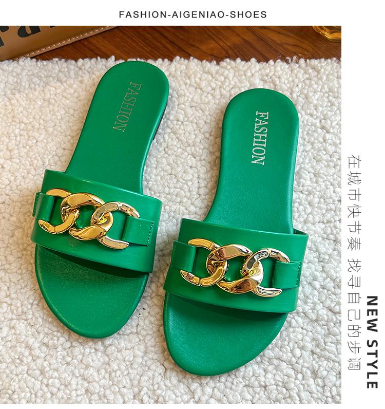 Fashion 2025 New Flat Leopard Women'S Slippers New European American Metal Chain Square Toe Flat Shoes Women'S Sandals Slippers Zapatos