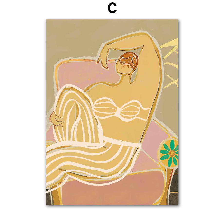 Retro Line Girl Lemon Flower LeafVase Abstract Gallery Poster And Prints Wall Art Canvas Painting Pictures For Living Room Decor
