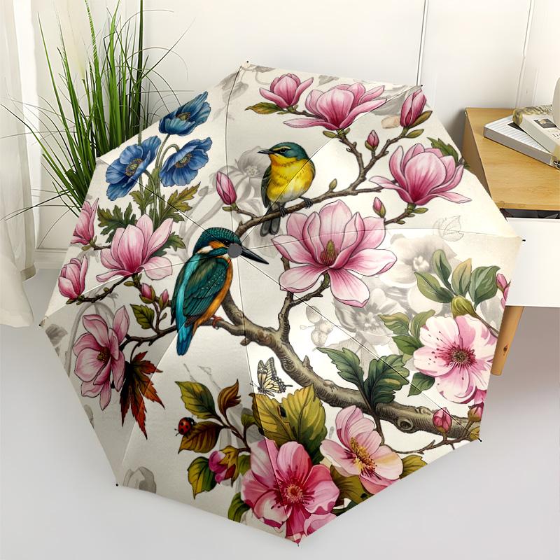 Floral Birds Mandala Portable Automatic Umbrella Folding Umbrella with 8 Ribs Lightweight All-Season Umbrella for Travel Elegant Women's Umbrella