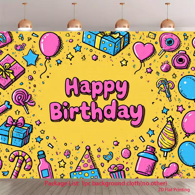 

2D Yellow Happy Birthday Backdrop, Cartoon Party Doodles & Gifts Photo Background 47.2x31.5inch/120*80cm