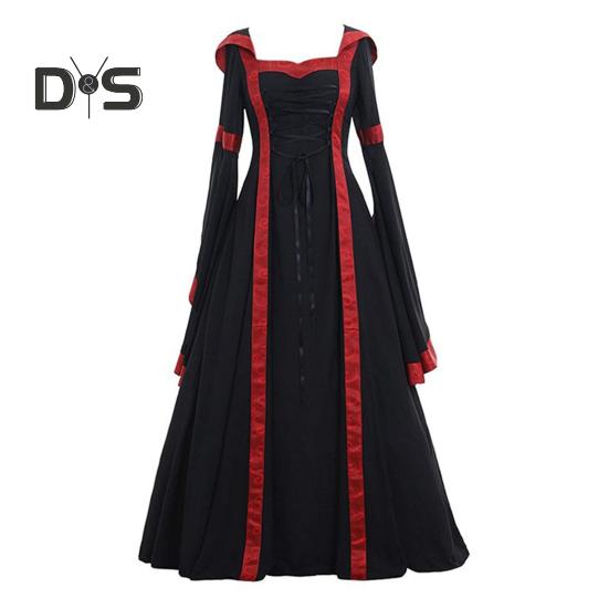 

Женское платье в средневековом королевском стиле со шнуровкой и капюшоном, рукавами «летучая мышь», макси-платье с затягивающимся квадратным воротником, для выступлений на сцене, для Хэллоуина, для косплея в стиле Ренессанс S