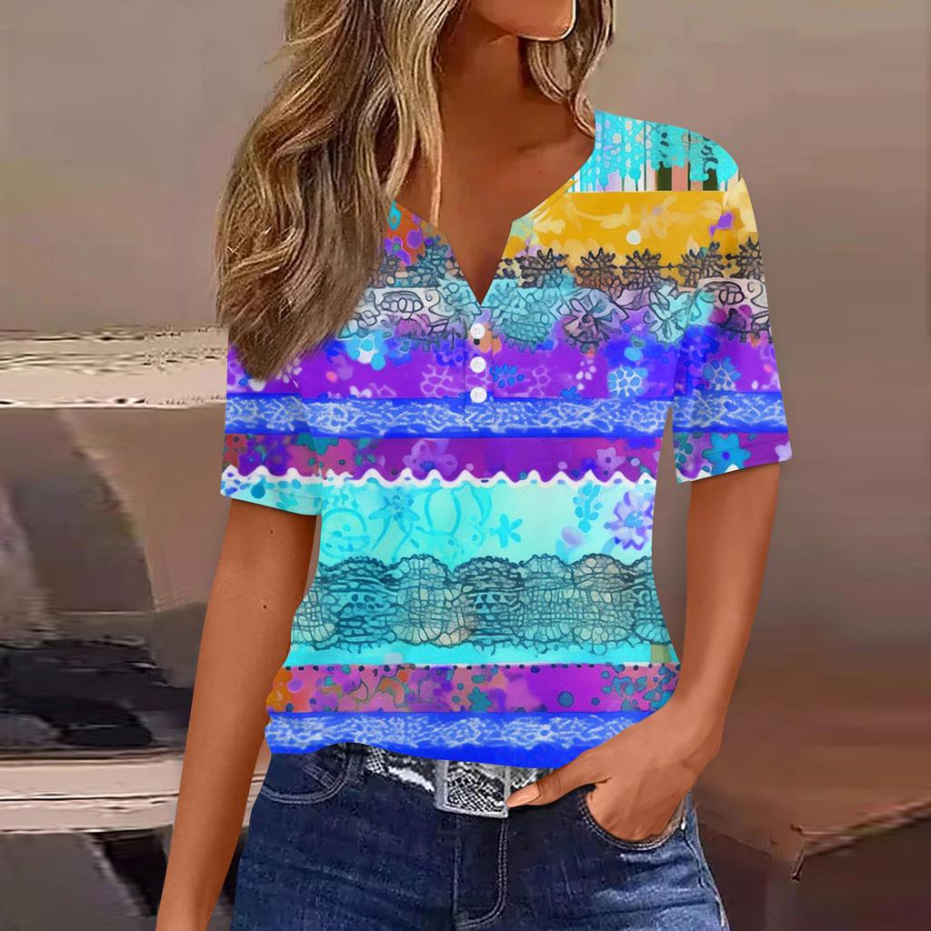 Maglietta da Donna Stampa Bottoni Manica Corta Quotidiano Weekend Moda Basic Scollo a V Regolare Top