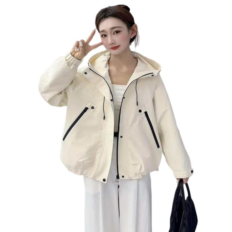 Geacă de vânt cu glugă pentru femei, croială largă - Stil coreean versatil, design scurt cu șnur pentru primăvară și toamnă