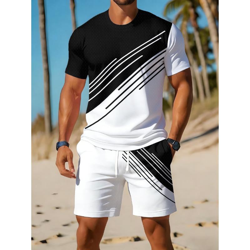 Men's Casual Sportswear Set, Breathable Outdoor Leisure Round Neck T-Shirt and Shorts Set, Summer Digital Print Set for Adults