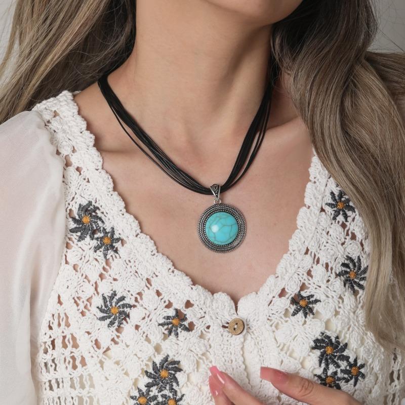 BLINGBAY Damen Anhänger Halskette Böhmisch Retro Ethnisch Türkis Halskette Geometrische Anhänger Halskette Mädchen Geburtstagsgeschenk