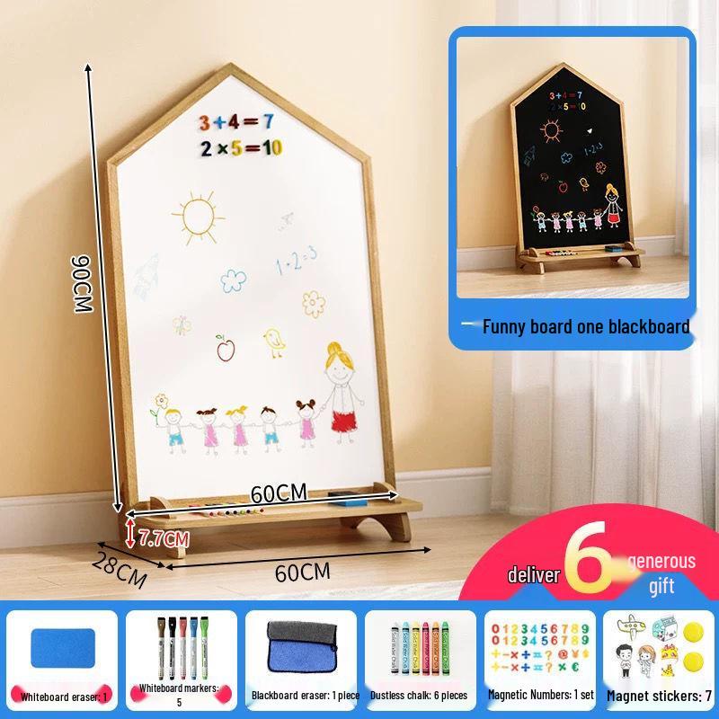 Solid Wood Double-Sided Magnetic Easel: Erasable, Dust-Free Blackboard for Children's Drawing and Writing.