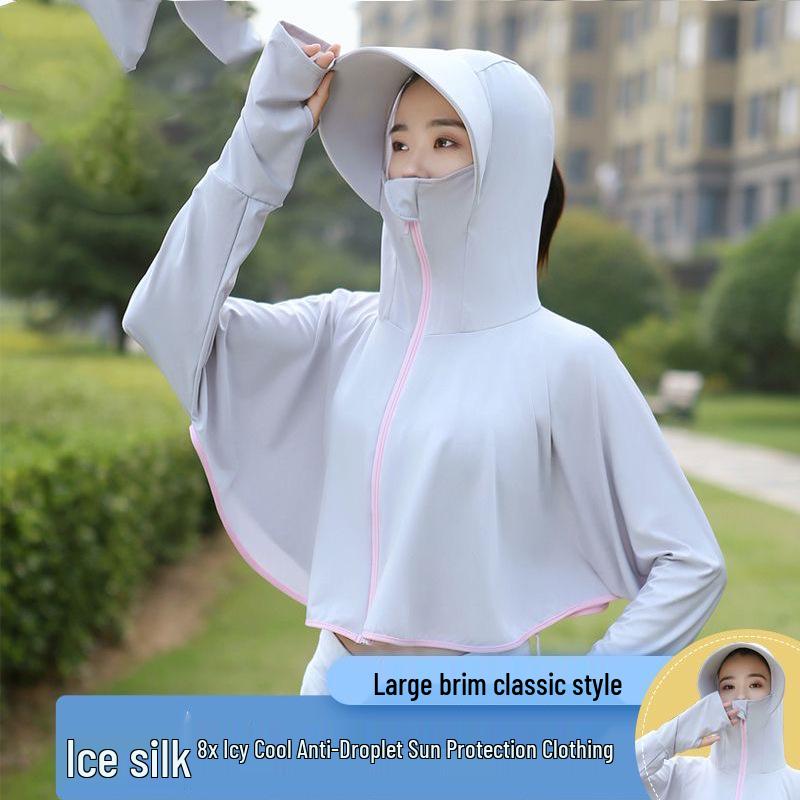 Ice Silk Women's Sun Protection Jacket - 2023 Summer UV-Resistant, Plus Size, Outdoor Sports with Large Brim