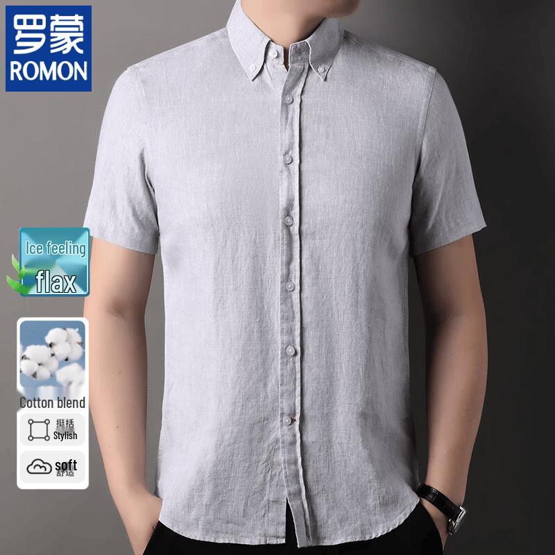 ROMON Men s Pure Linen Short Sleeve Shirt 2XL