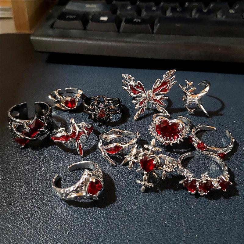 Goth Punk Retro Red Crystal Love Heart Cross Geometry Irregular Open Ring Set Y2K Halloween Accessories For Women  Jewelry