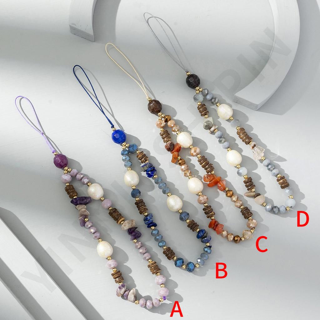 New Bohemian holiday style natural gravel mobile phone chain personalized niche crystal pearl mobile phone lanyard