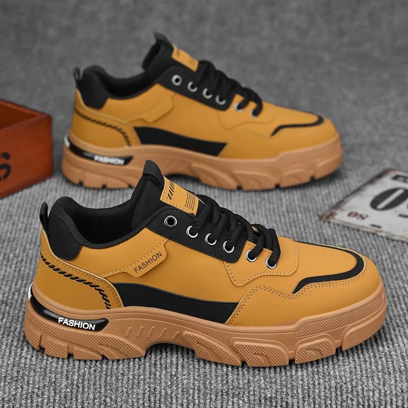 

Sneakers for Men Fashion Leather Casual Shoes Outdoor Non-slip Hiking Shoes for Men Lace Up Work Safety Shoes 39 хаки