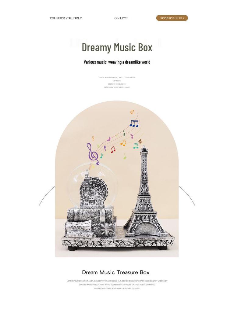 Creative Luminous Eiffel Tower Snow Globe Music Box - Retro Desktop Decoration