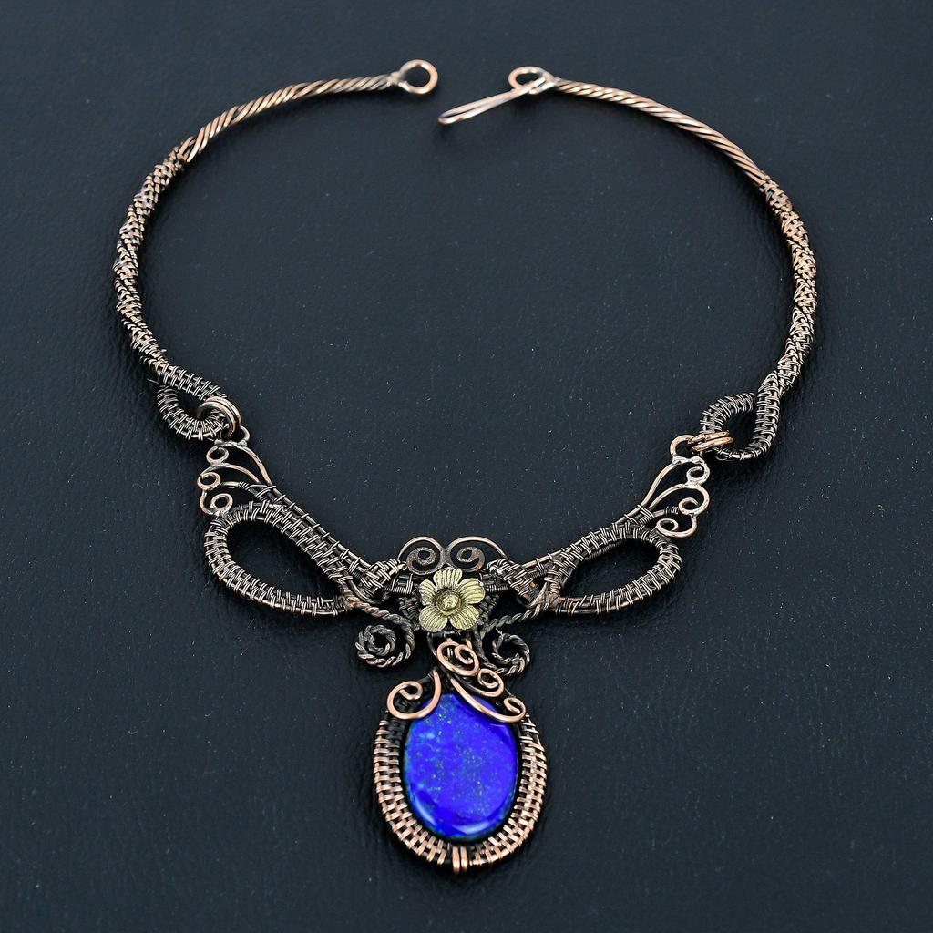 Lapis Lazuli Necklace Handmade Jewelry, 999 Copper Wire Wrapped Necklace Designer Gemstone Jewelry Adjustable Chain Necklace Gift For Mom